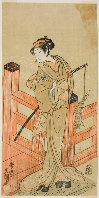 1770 年 6 月 (?) 中村座 (?) で上演された難波の女相撲 (?) で女相撲取りの大淀 (?) に変装した土屋梅川役の中村松江初代 作： Ippitsusai Bunchō