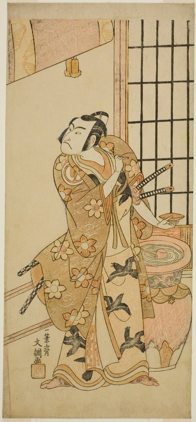 芝居江戸の花若柳蘇我(?)で工藤祐経(?)を演じた二代目沢村宗十郎、1769年二月(?)市村座(?)で上演 作： Ippitsusai Bunchō