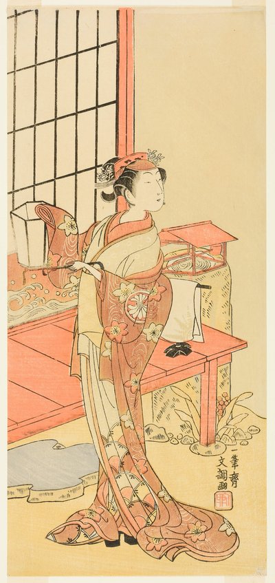 俳優の二代目瀬川菊之丞、おそらく今をさかり末広源氏の綾織姫、1768 年 11 月 1 日から中村座で上演 作： Ippitsusai Bunchō