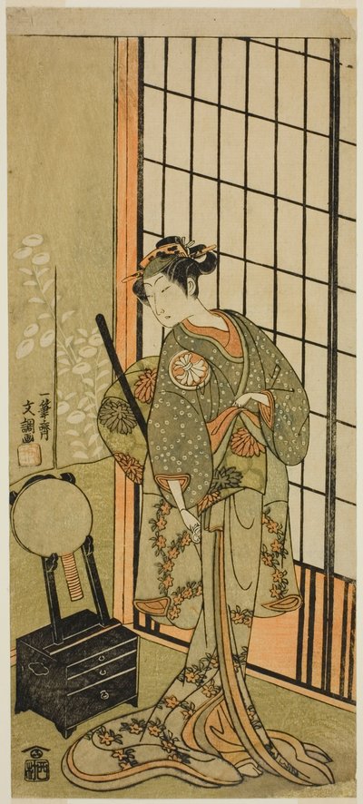 The Actor Segawa Kikunojo II as Princess Hitomaru (Hitormaru Hime) (?) in te Play Soga Moyo Aigo no Wakamatsu (?), Performed at the Nakamura Theater (?) in the First Month, 1769 (?) 作： Ippitsusai Bunchō