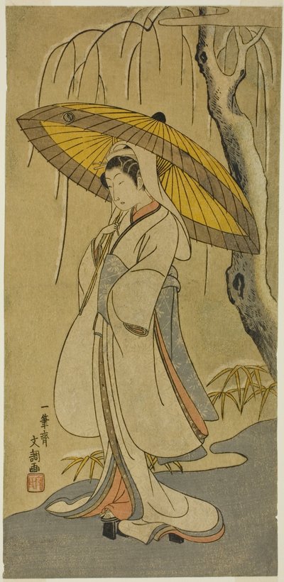 1770 年 11 月 1 日から市村座で上演された芝居「妙戸菊伊豆のきせわた」で鷺乙女役を演じた二代目瀬川菊之丞。 作： Ippitsusai Bunchō