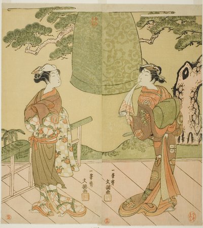 The Actors Ichimura Uzaemon IX as Shume no Hangan Morihisa (right), and Sanogawa Ichimatsu II as Chujo (left), in the Play Edo no Hana Wakayagi Soga, Performed at the Ichimura Theater in the Second Month, 1769 作： Ippitsusai Bunchō