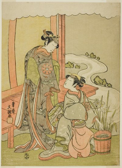 1770 年、11 月に森田座で上演された劇「都染祇王勝木」で、俳優の中村富十郎初代中村富十郎 (右) および仏御前 (左) に変装したグー 作： Ippitsusai Bunchō