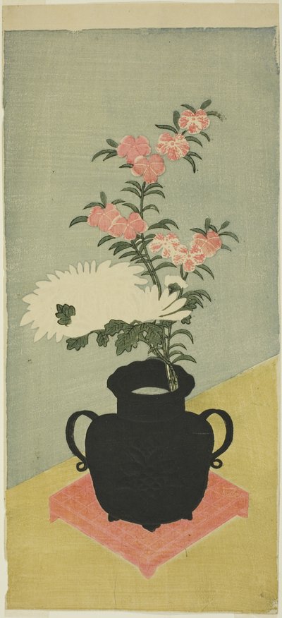 黒い花瓶に白い菊とピンク 作： Ippitsusai Bunchō