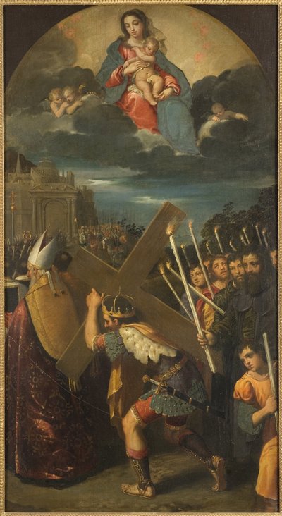 ヘラクリウス1世（575〜641年頃） rapporte la Vraie Croix a Jerusalem - 皇帝ヘラクリウスが真の十字架をエルサレムに戻した、スカルセリーノ（スカルセラ）、イポリート（1551〜1620）作。キャンバスに油彩。サイズ：181x101cm。ストックホルム国立博物館 作： Ippolito Scarsella
