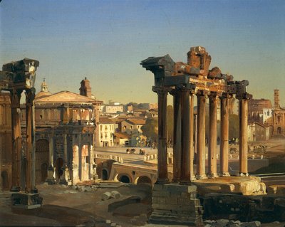 イタリア、ローマ、ヴェスパシアヌスの神殿、セプティミウス・セウェルスのアーチ、サトゥルヌスの神殿のあるローマ・フォーラムの眺め（Ippolito Caffi作 作： Ippolito Caffi