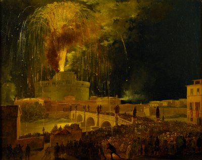 ラ・ジランドラ：ローマのサンタンジェロ城の花火（1830年代 作： Ippolito Caffi