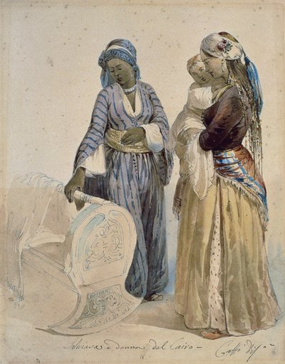 カイロの奴隷と女、Ippolito Caffi（1809-1866）による水彩画 作： Ippolito Caffi