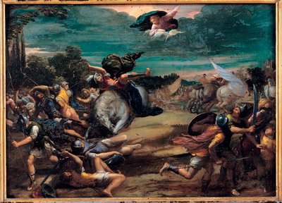 La conversion sur le chemin de Damas (Saint Paul) - The Conversion on the Way on the Way to Damascus - Ippolito Scarsellino (Scarsella) (1551-1620) 作、Oil on wood 1590-1595 (39x55 cm) - Musei Capitolini、ローマ 作： Ippolito Scarcella