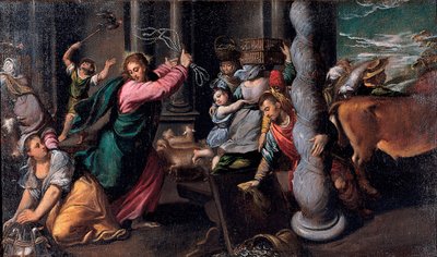 Le Christ chassant les marchands du Temple - 神殿から金貸しを駆り立てるキリスト - Ippolito Scarsellino (Scarsella) (1551-1620) 作、キャンバスに油彩 1580-1585 (68x116 cm) - Musei Capitolini、ローマ 作： Ippolito Scarcella