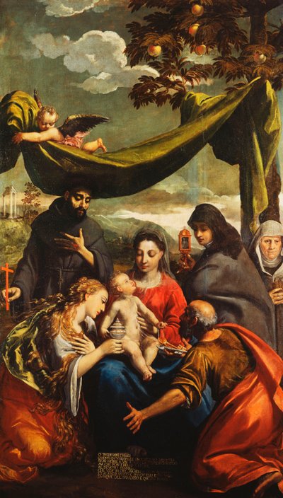 マドンナと子供と聖人のマリアマグデレン、ピーター、クレア、フランシスと修道院の肖像画 作： Ippolito Scarsella