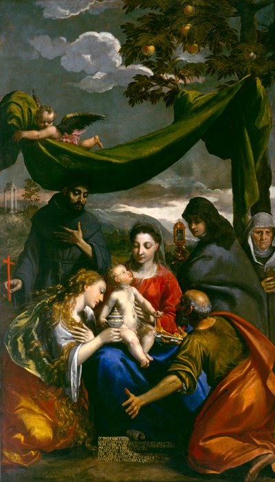 聖母マリアとマグダラのマリア、ピーター、クレア、フランシスと修道院、1600年頃 作： Ippolito Scarsella