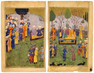 庭で廷臣と王子のカップル。 Shahnama Book of Kingsから 作： Iranian Master