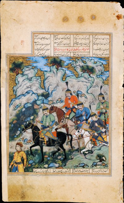 フェルドウシの叙事詩シャーナメからのエスファンディアールと彼の軍の写本の照明 作： Iranian Master