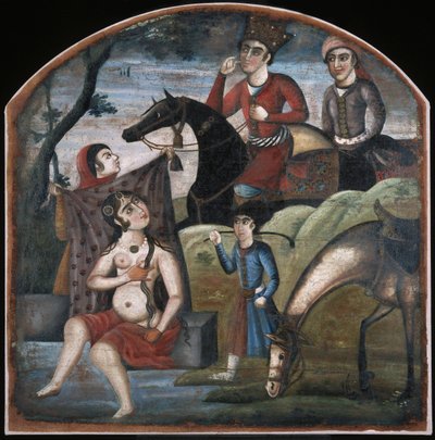 KhusrawがShirinの入浴を発見。 18世紀半ばの8つの詩的な主題の絵のサイクルから。 作： Iranian Master