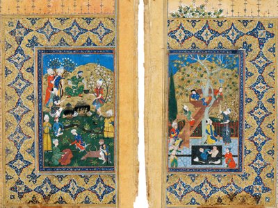 ピクニック。ユスフとザリカの伝説のジョセフとポティファルスの妻のミニチュア 作： Iranian Master