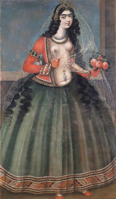19世紀半ばのバラの花束を保持している女性。 作： Iranian Master