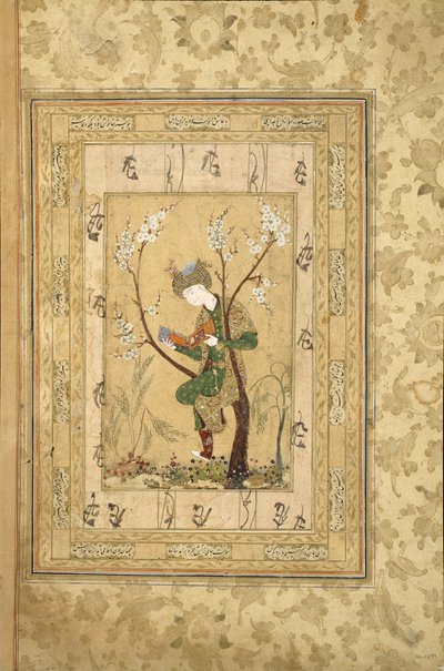 開花木の枝に座る青年、1560年代 作： Iranian Master