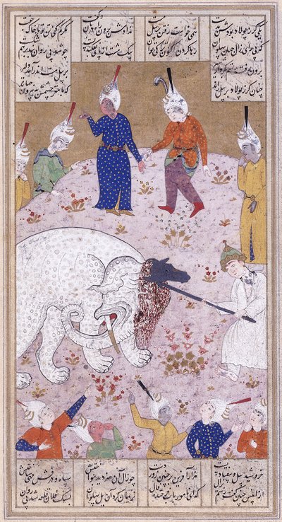 若い象が白い象を倒す、c.1545 作： Iranian School