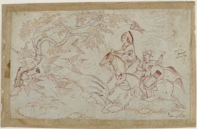 ハヤブサと狩猟する2人の騎手、1640年代 作： Iranian School