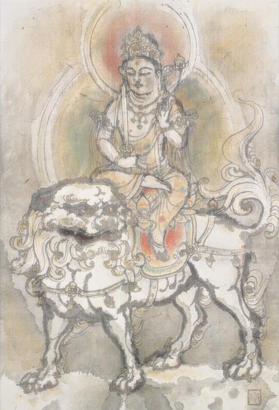 ライオンの上に座っている万寿里の入江はこ 作： Irie Hako