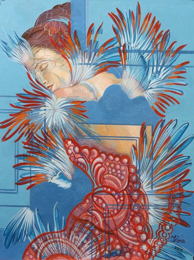 赤いドレスと四十雀、2015 作： Irina Corduban