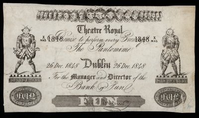 アイルランド銀行の紙幣をモチーフにした、ダブリンのシアター・ロイヤルでのパントマイムの広告 作： Irish School