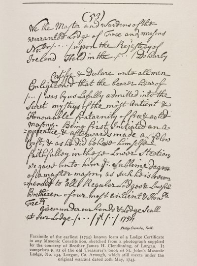 グランドロッジのシール付きの最も古い既知の証明書（アイルランド）、1762 作： Irish School