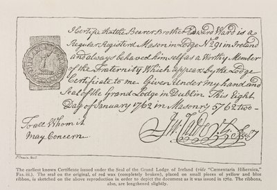 1762年付けのアイルランドのグランドロッジのシールの下で発行された最も古い既知の証明書のファクシミリ 作： Irish School