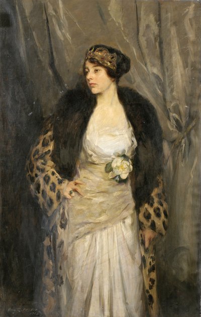 ヒョウのコートを着たグラディス・ワイルズ (ヒョウのコート) 作： Irving Ramsay Wiles