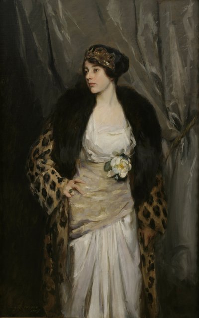 ヒョウのコートを着たグラディス・ワイルズ (ヒョウのコート) 作： Irving Ramsay Wiles