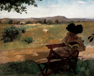 ベンチに座って読書する女性 作： Irving Ramsay Wiles