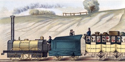 リバプール・アンド・マンチェスター鉄道の旅、機関車「ジュピター」の詳細、S.G.ヒューズの彫刻、1831年頃（カラーリトグラフ 作： Isaac (after) Shaw