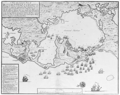 1741年3月と4月、ヴァーノン提督とオグル提督、ウェントワース将軍の指揮の下、イギリス艦隊と陸軍がカルタヘナの街と港に上陸した様子を示す、新しく正確な平面図。 作： Isaac Basire