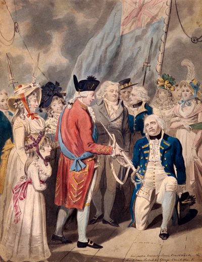 「アール・ハウ提督に剣を差し出すジョージ3世」、c1794 作： Isaac Cruikshank