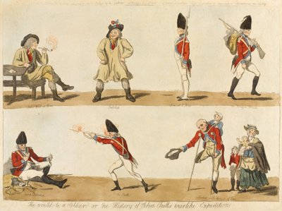 彼は兵士でしょうか？またはジョンブルズの歴史戦争のような遠征、1793年（色のエッチング） 作： Isaac Cruikshank