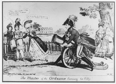 「彼の趣味を行使する兵器の達人」、1819 作： Isaac Cruikshank