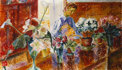 植物に水をやる女性がいるインテリア 作： Isaac Grunwald