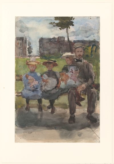 アムステルダムのオーステルパークのベンチに 3 人の女の子を持つ男 作： Isaac Israels