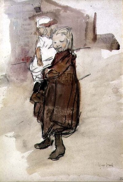 少女と子供（水彩・紙） 作： Isaac Israels