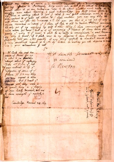 アイザックニュートンによる手紙、1679年11月28日 作： Isaac Newton