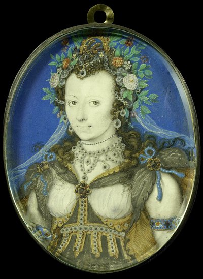 フローラとしての女性の肖像、c.1600-17（羊皮紙、銀、ガラス） 作： Isaac Oliver