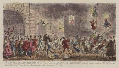炎上する「ハウス・オブ・アコモデーション」!(カラー印刷) 作： Isaac Robert (after) Cruikshank