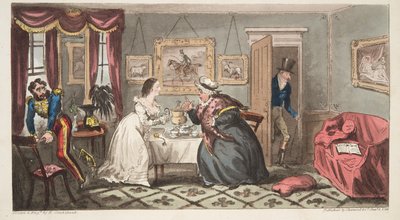 イギリスのスパイ、パブからのバスボーとフレイルベルまたはミスターB.とミスL. 1824（手塗りの彫刻） 作： Isaac Robert Cruikshank