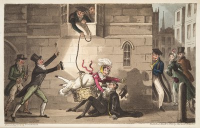 1824年にロンドンで出版されたThe English Spyのプロクター、またはオックスフォードブルの犬が勇敢な密輸者を発見した場合のキャップ（手書きの彫刻）） 作： Isaac Robert Cruikshank