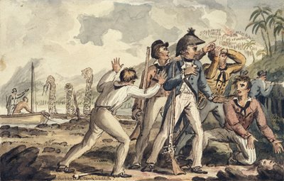 殺害された船員を発見するバーニー大尉、「クック大尉の航海」のイラスト 作： Isaac Robert Cruikshank