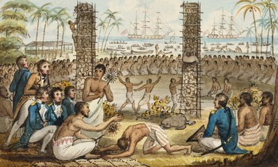 オタハイト島のキャプテンクック、「キャプテンクックの航海」のイラスト 作： Isaac Robert Cruikshank