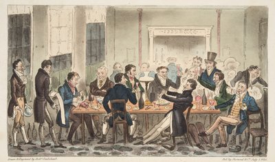 英国のスパイ、パブからのボンドストリート、ロングスホテルでの夕方とハイスピリッツ。 1824（手塗りの彫刻） 作： Isaac Robert Cruikshank
