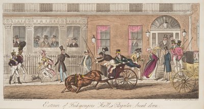 フィッシュモンガーズホール、セントジェームスストリートの外観、レギュラーブレークダウンの景色を望む、The English Spyのパブ。 1824（手塗りの彫刻） 作： Isaac Robert Cruikshank