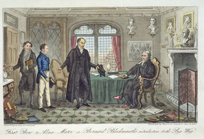 1825年にロンドンで出版されたチャールズモロイウェストマコット（1788-1868）による「The English Spy」からのアルママーターへの最初の弓、またはビッグウィッグへのバーナードブラックマントルの紹介 作： Isaac Robert Cruikshank